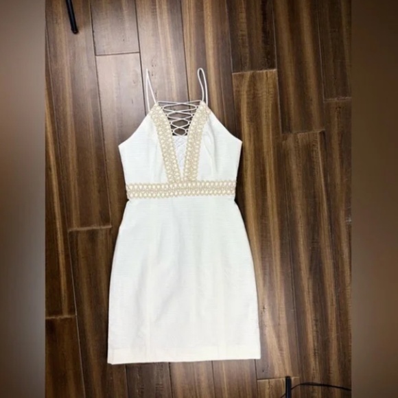 Lilly Pulitzer size 00 Lace Trista Dress White and Gold Knee Mini Length shift - Picture 2 of 9